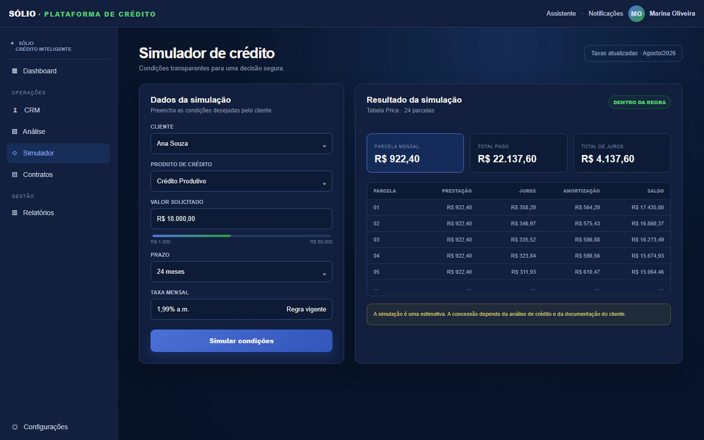 Simulador da Sólio com opções Price e SAC, tabela de amortização e regra versionada